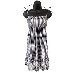 Tory Burch Navy White Gingham Smocked Eyelet Hem Tie Strap Mini Dress